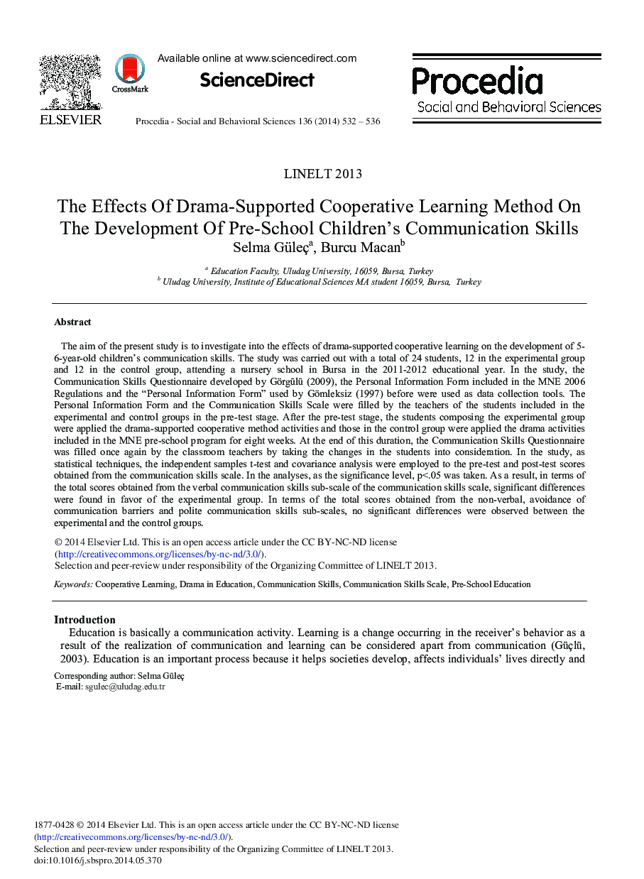 The Effects of Drama-supported Cooperative Learning Method on the Development of Pre-school Children's Communication Skills 