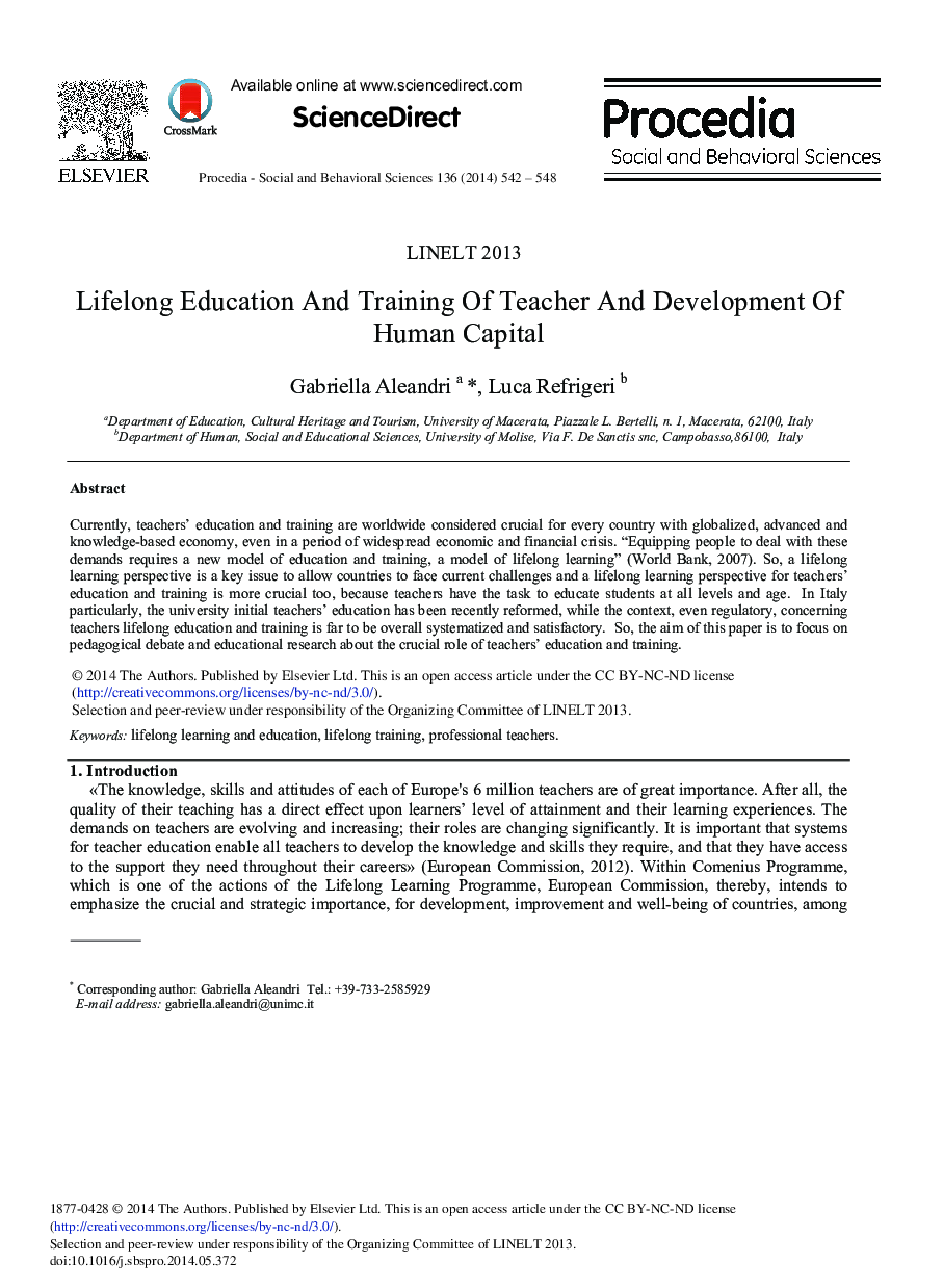 Lifelong Education and Training of Teacher and Development of Human Capital 