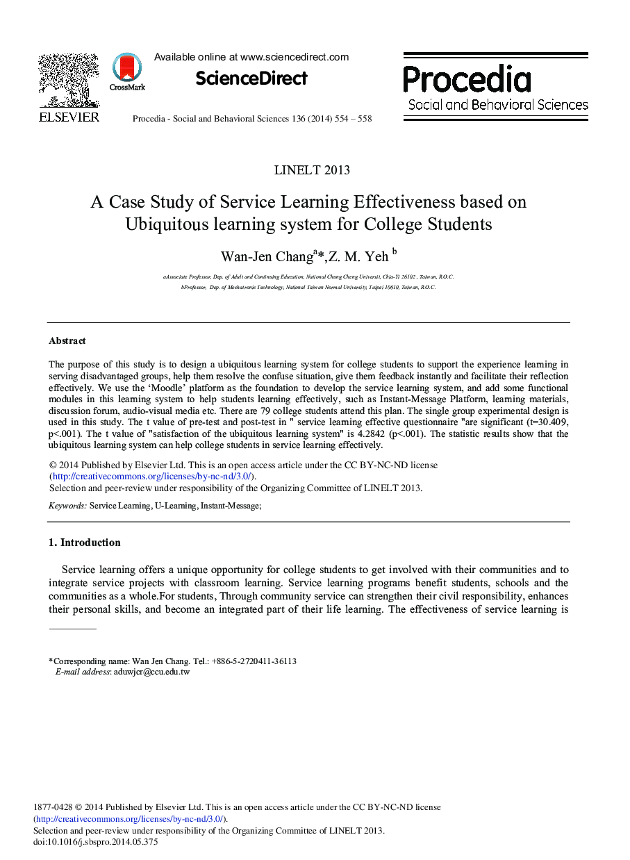 A Case Study of Service Learning Effectiveness based on Ubiquitous Learning System for College Students 