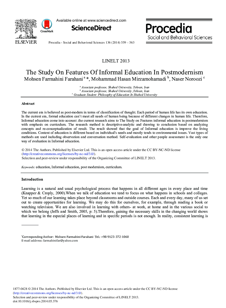 The Study on Features of Informal Education in Postmodernism 