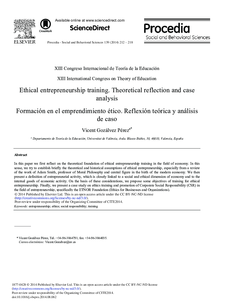 Ethical Entrepreneurship Training. Theoretical Reflection and Case Analysis 