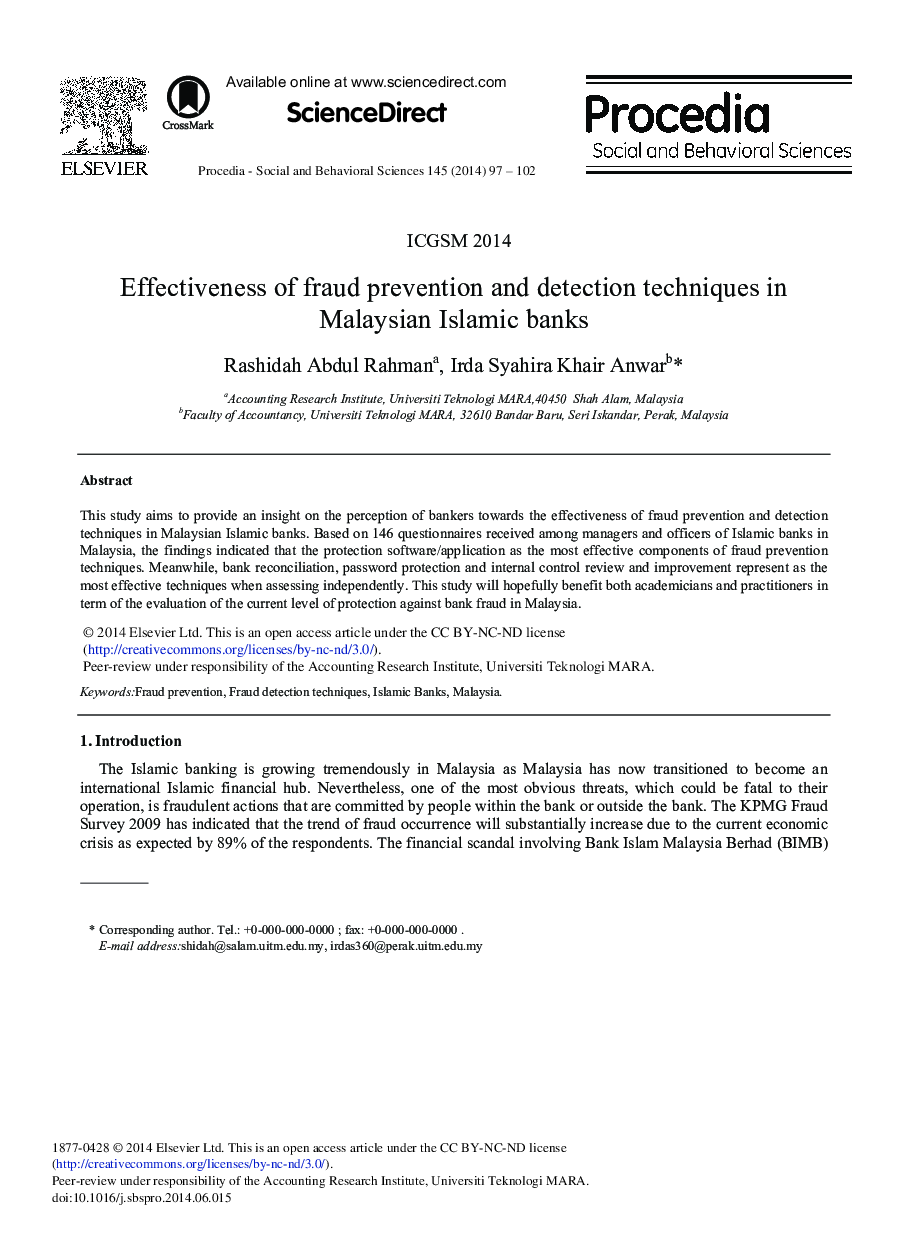 Effectiveness of Fraud Prevention and Detection Techniques in Malaysian Islamic Banks 