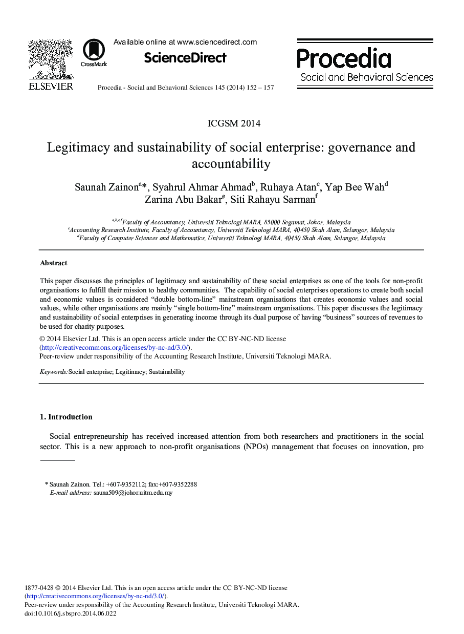 Legitimacy and Sustainability of Social Enterprise: Governance and Accountability 