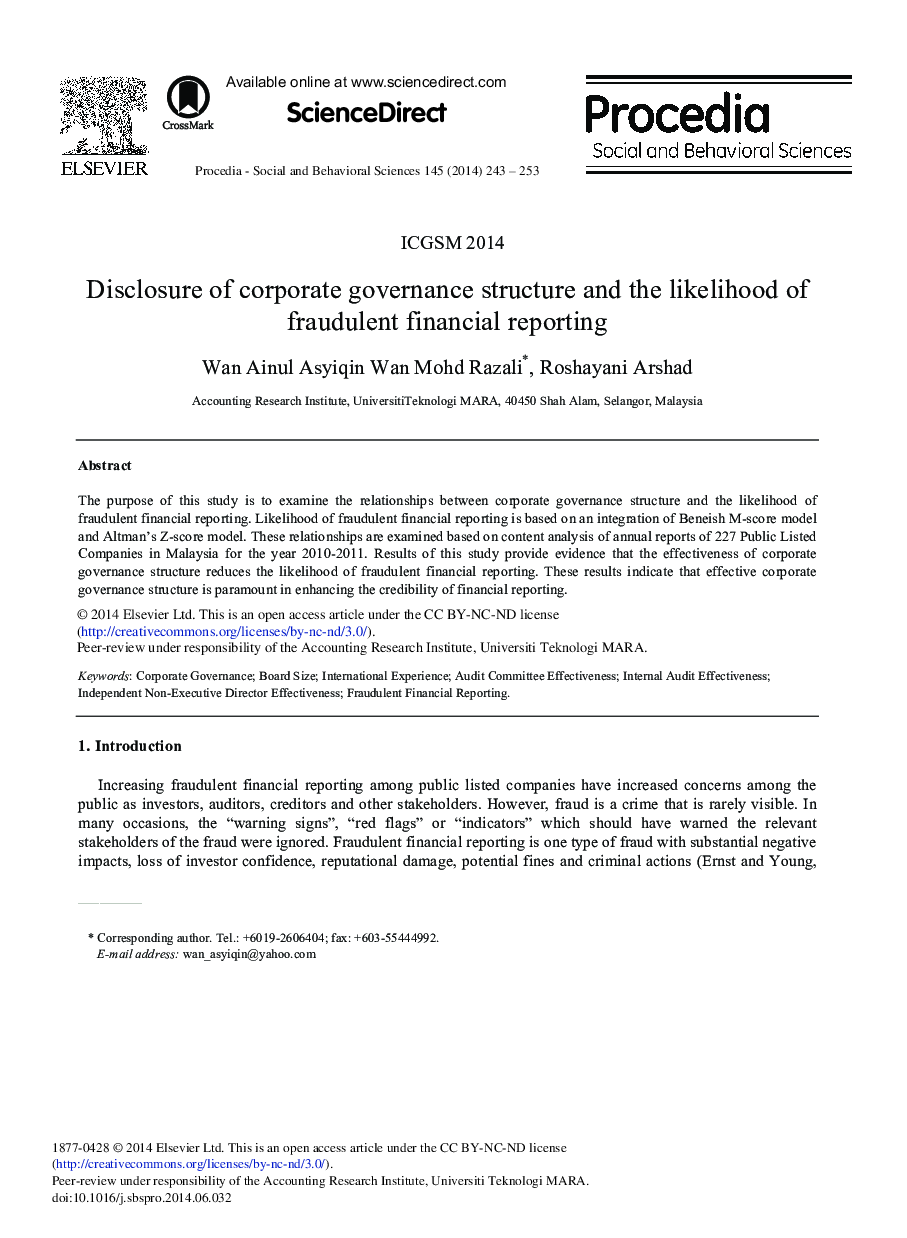 Disclosure of Corporate Governance Structure and the Likelihood of Fraudulent Financial Reporting 