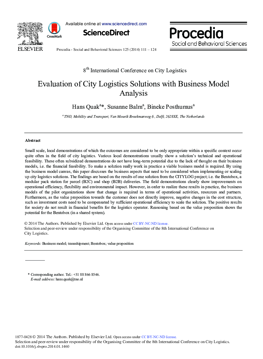 Evaluation of City Logistics Solutions with Business Model Analysis 