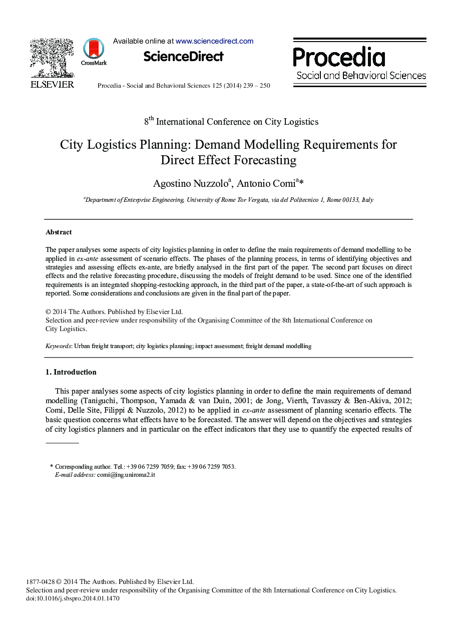 City Logistics Planning: Demand Modelling Requirements for Direct Effect Forecasting