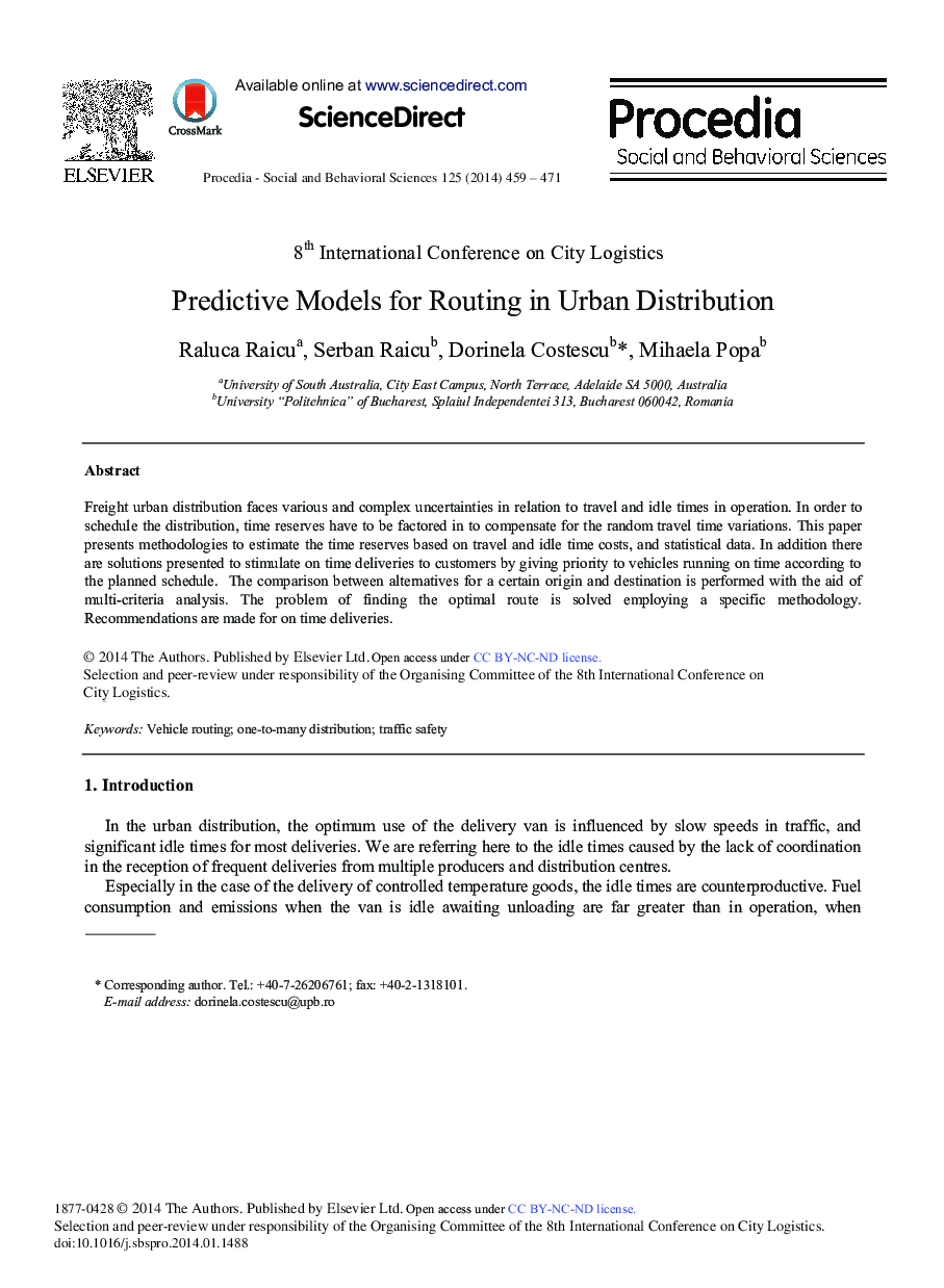 Predictive Models for Routing in Urban Distribution 