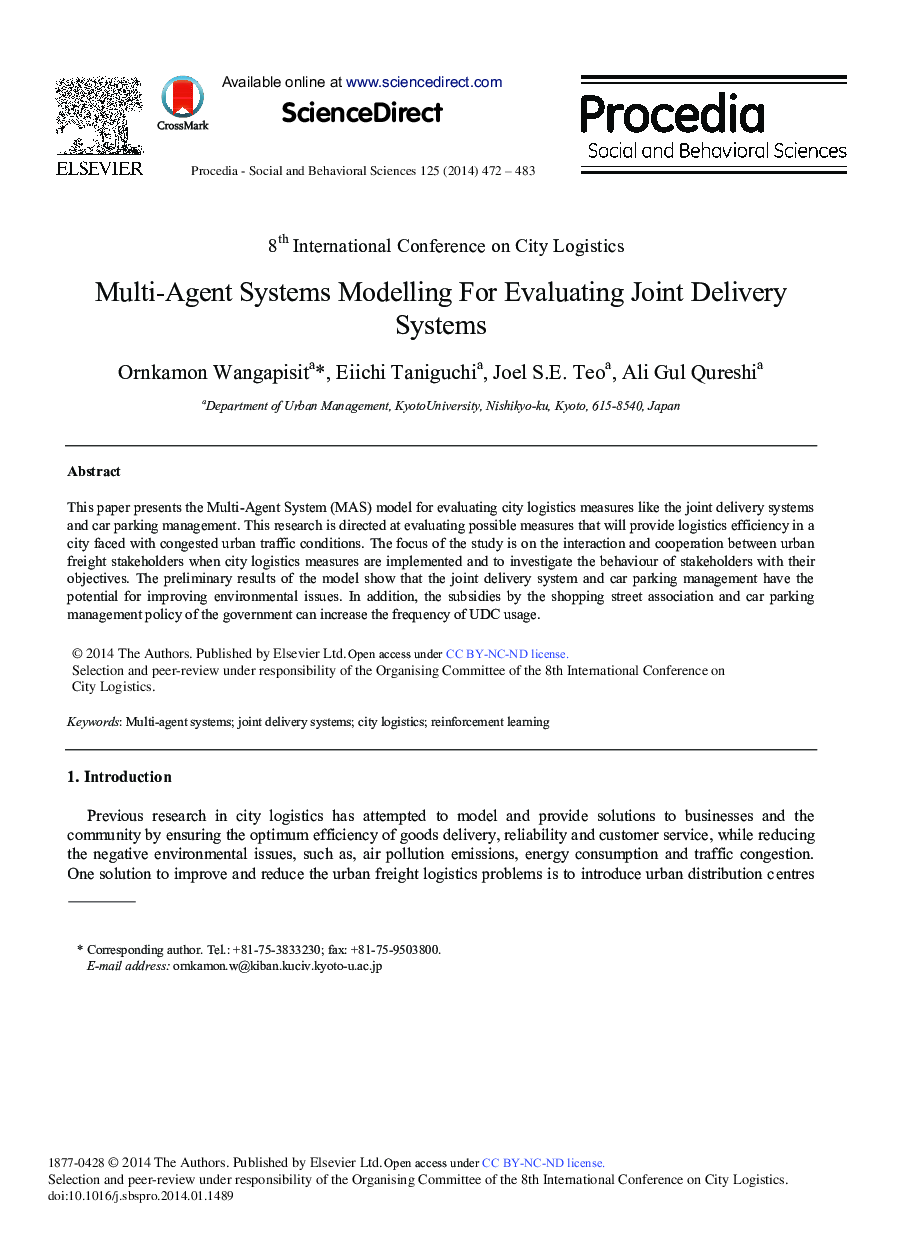 Multi-agent Systems Modelling for Evaluating Joint Delivery Systems 