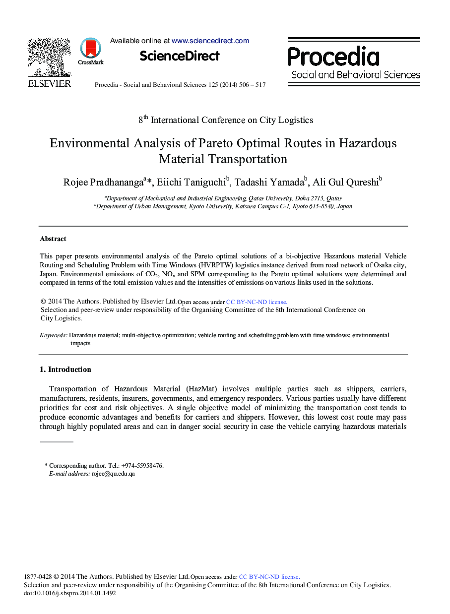 Environmental Analysis of Pareto Optimal Routes in Hazardous Material Transportation 