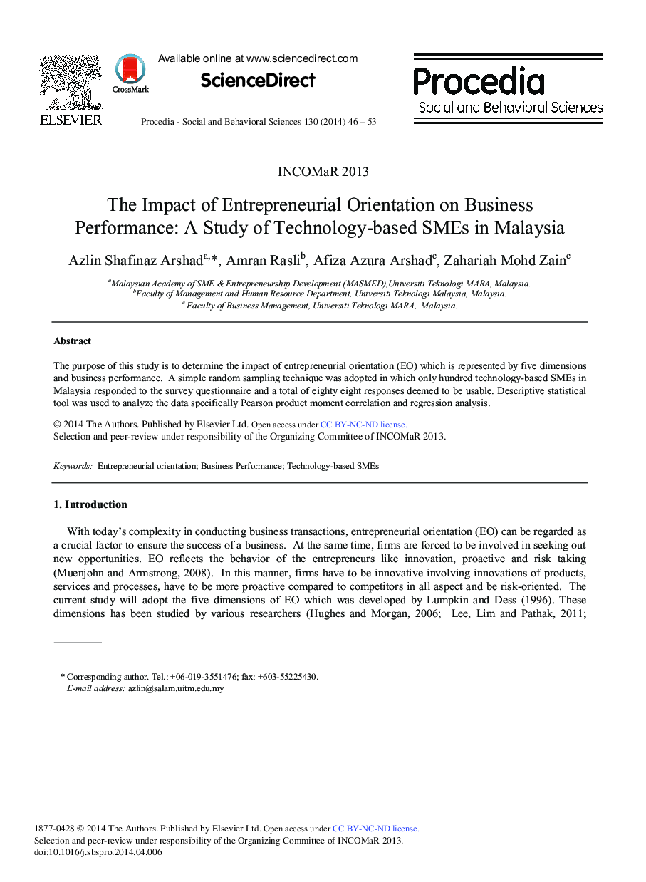 عکس صفحه اول مقاله: The Impact of Entrepreneurial Orientation on Business Performance: A Study of Technology-based SMEs in Malaysia The Impact of Entrepreneurial Orientation on Business Performance: A Study of Technology-based SMEs in Malaysia