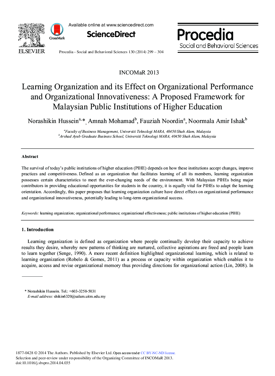 Learning Organization and its Effect On Organizational Performance and Organizational Innovativeness: A Proposed Framework for Malaysian Public Institutions of Higher Education 