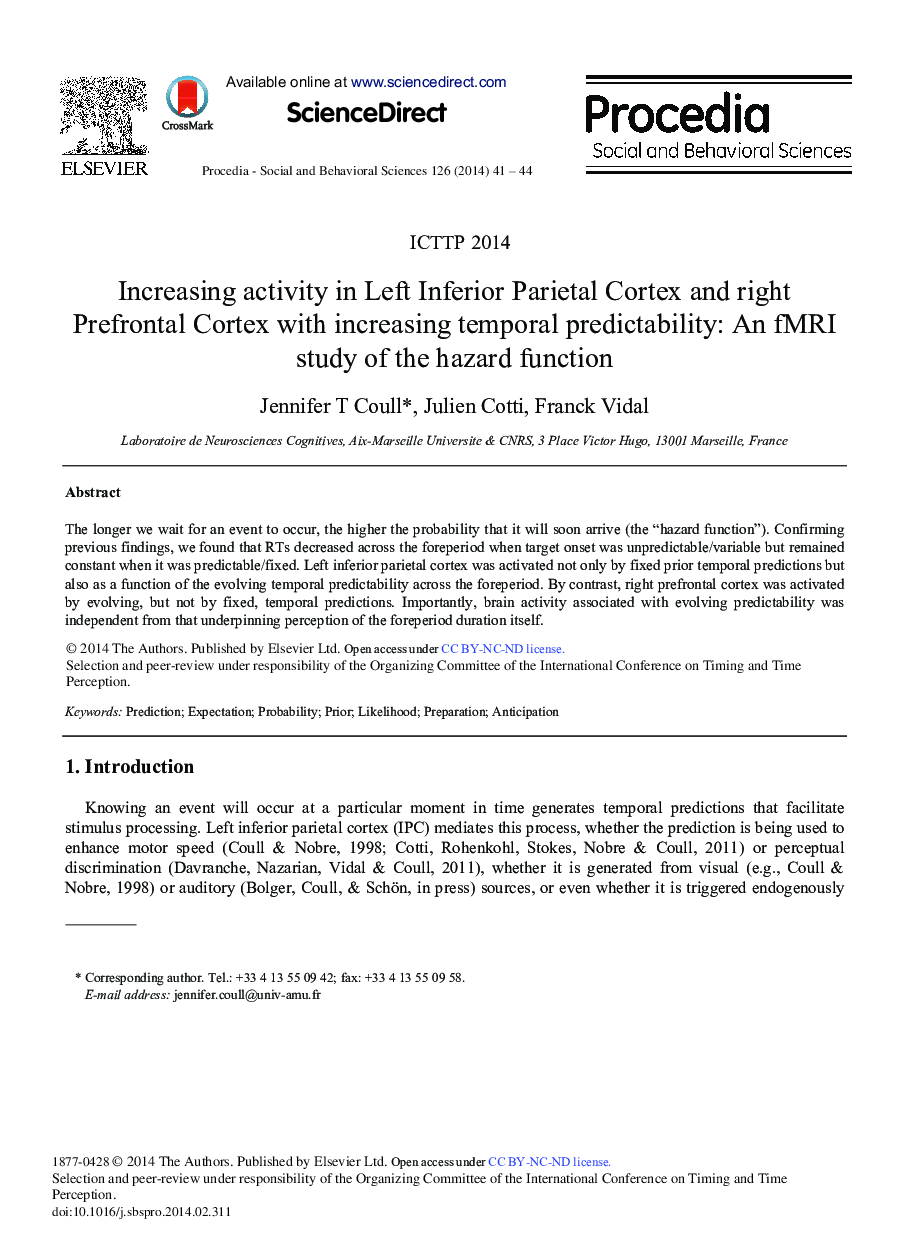 Increasing Activity in Left Inferior Parietal Cortex and Right Prefrontal Cortex with Increasing Temporal Predictability: An fMRI Study of the Hazard Function 