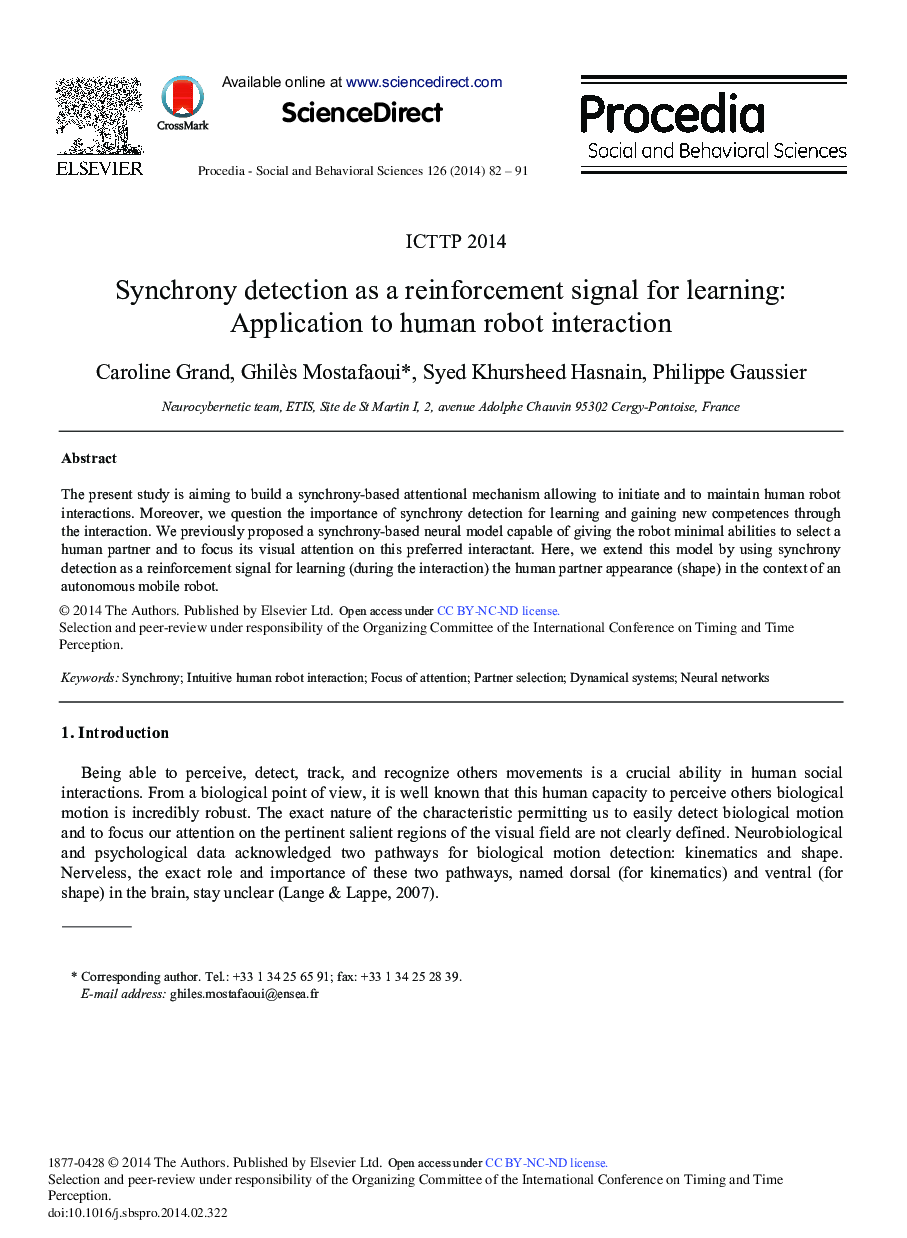 Synchrony Detection as a Reinforcement Signal for Learning: Application to Human Robot Interaction 