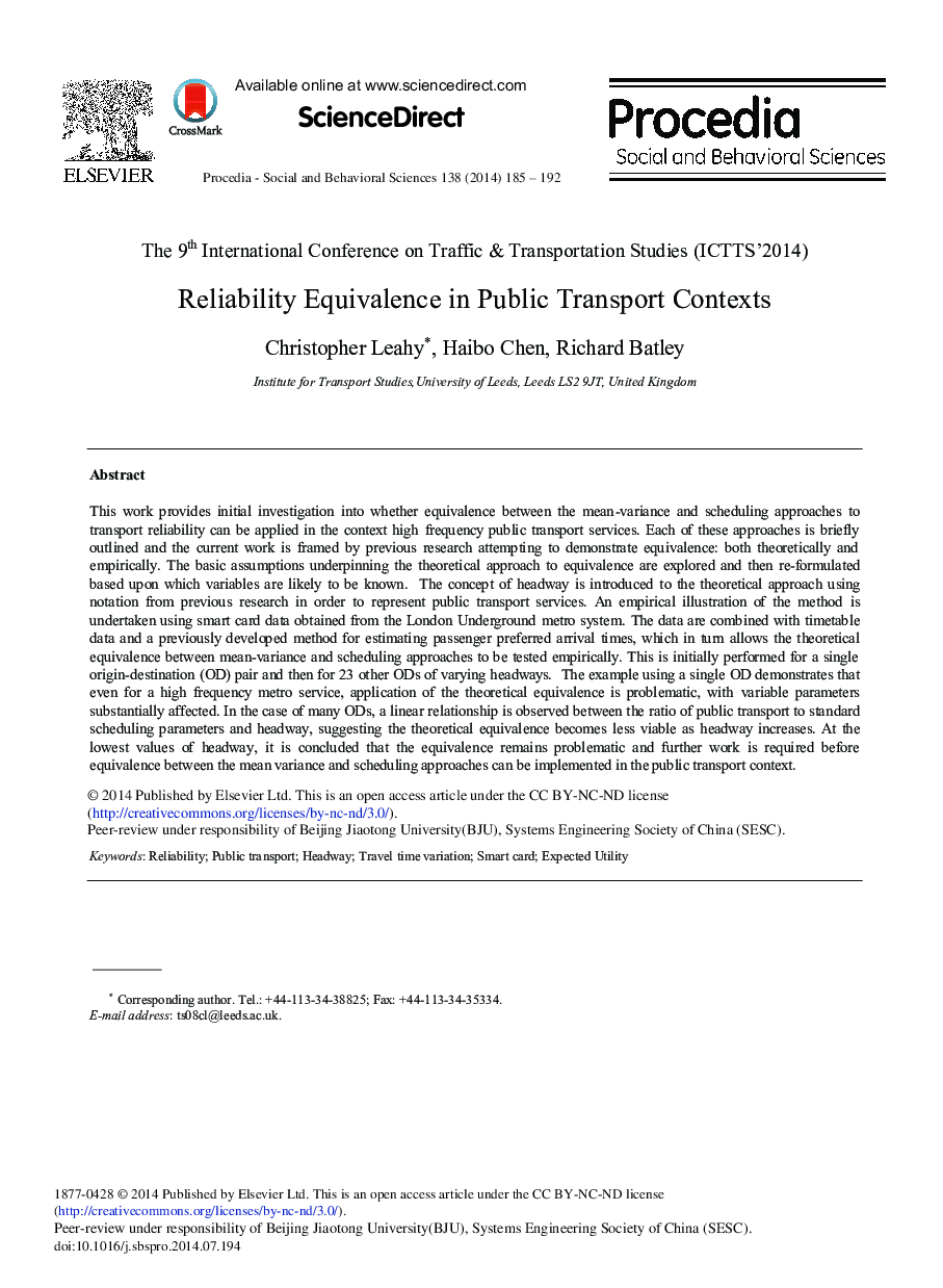 Reliability Equivalence in Public Transport Contexts 