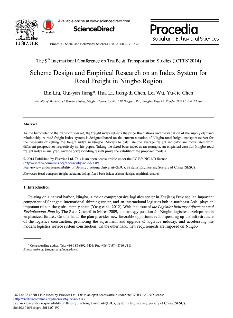 Scheme Design and Empirical Research on an Index System for Road Freight in Ningbo Region 