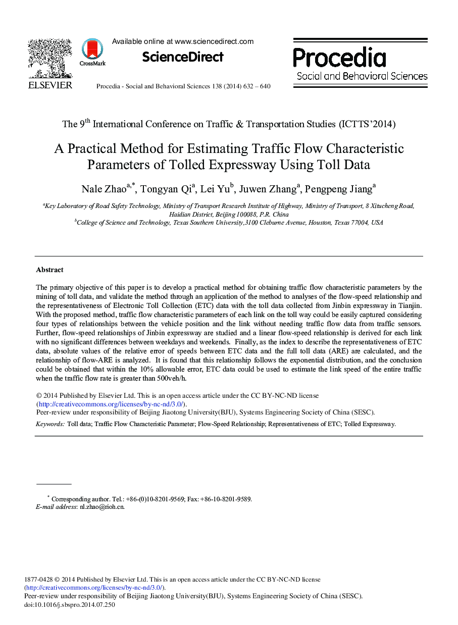 A Practical Method for Estimating Traffic Flow Characteristic Parameters of Tolled Expressway Using Toll Data 