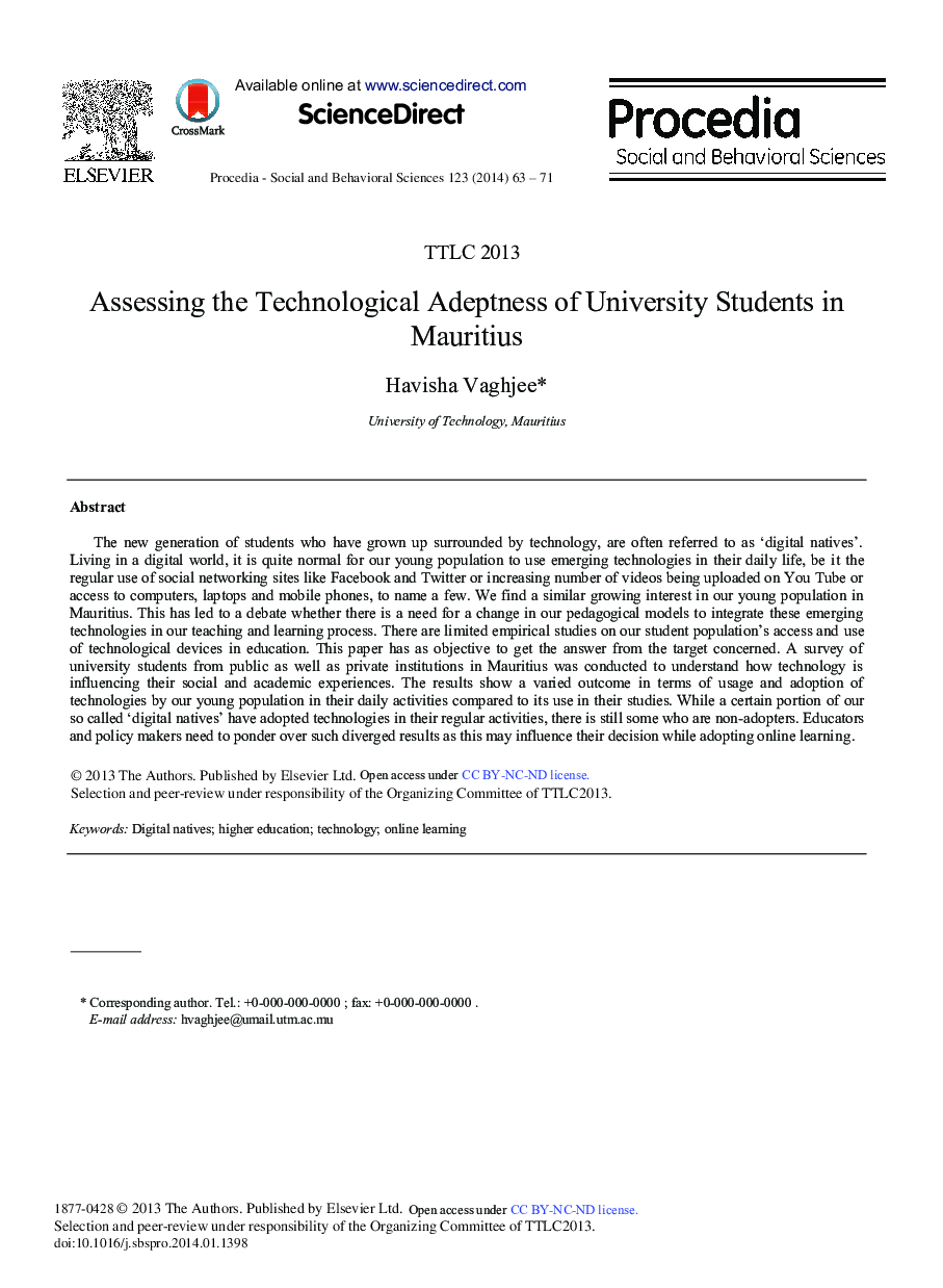 Assessing the Technological Adeptness of University Students in Mauritius 