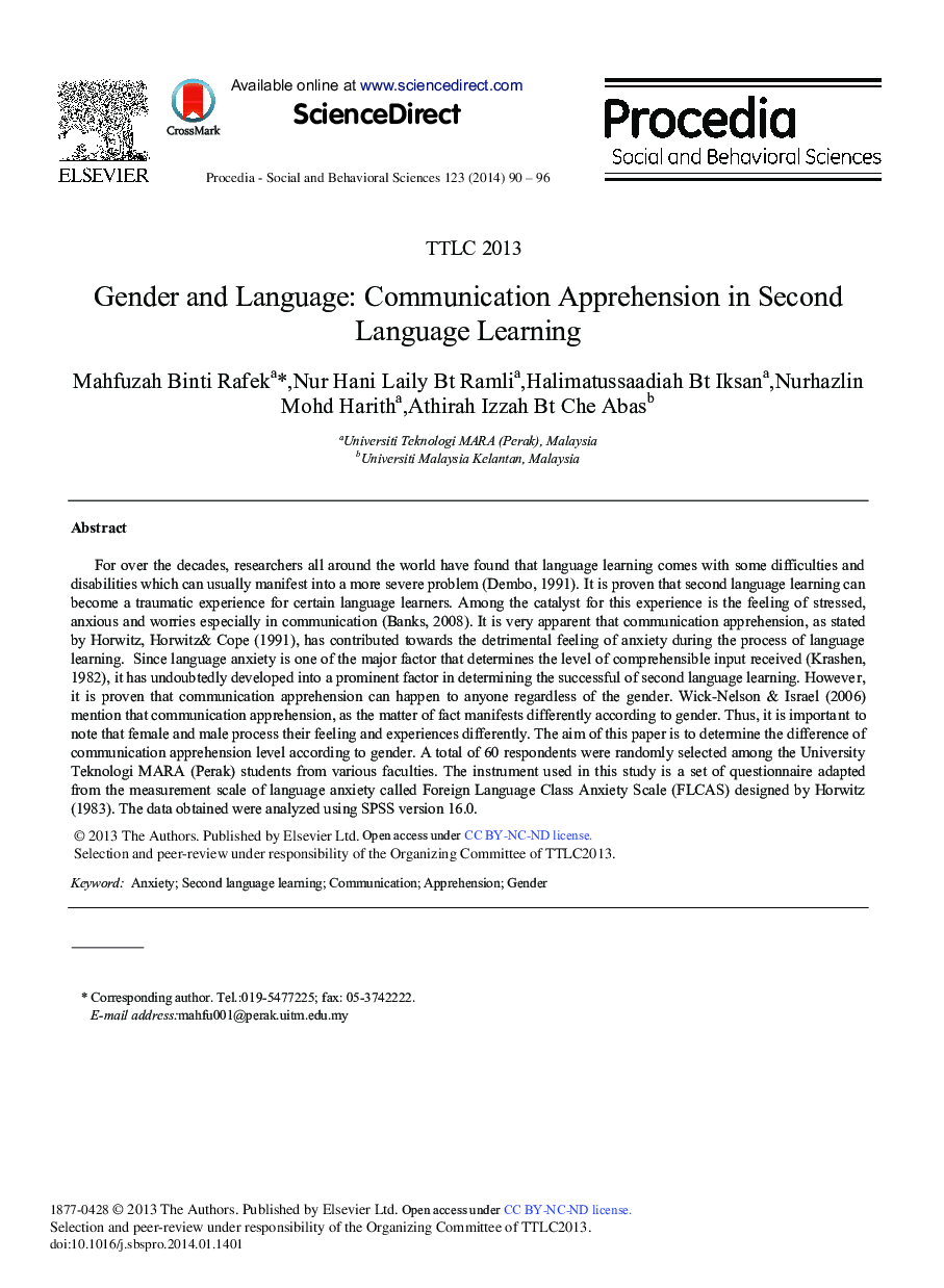 Gender and Language: Communication Apprehension in Second Language Learning 