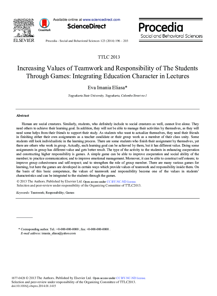 Increasing Values of Teamwork and Responsibility of the Students through Games: Integrating Education Character in Lectures 