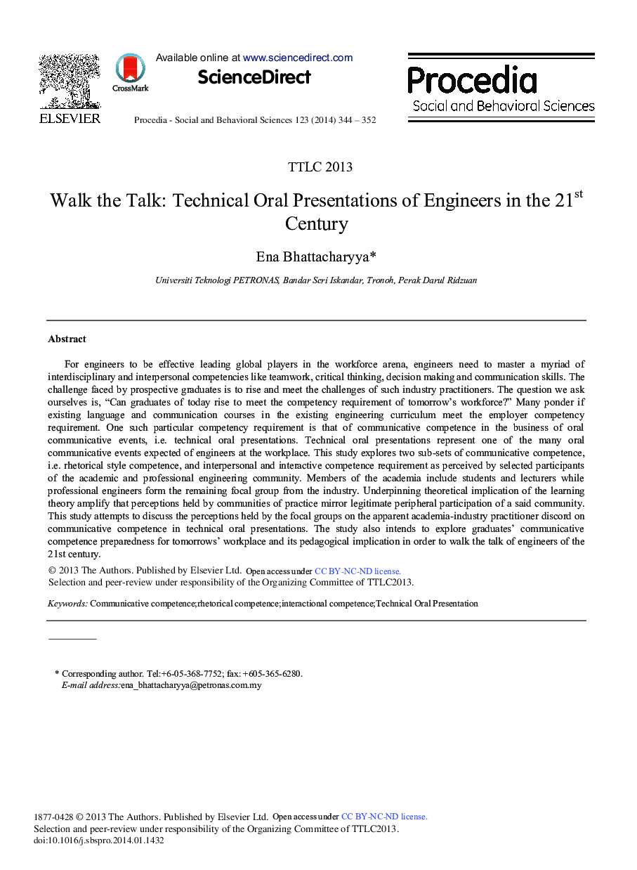 Walk the Talk: Technical Oral Presentations of Engineers in the 21st Century 