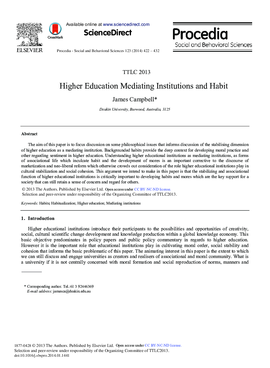 Higher Education Mediating Institutions and Habit 