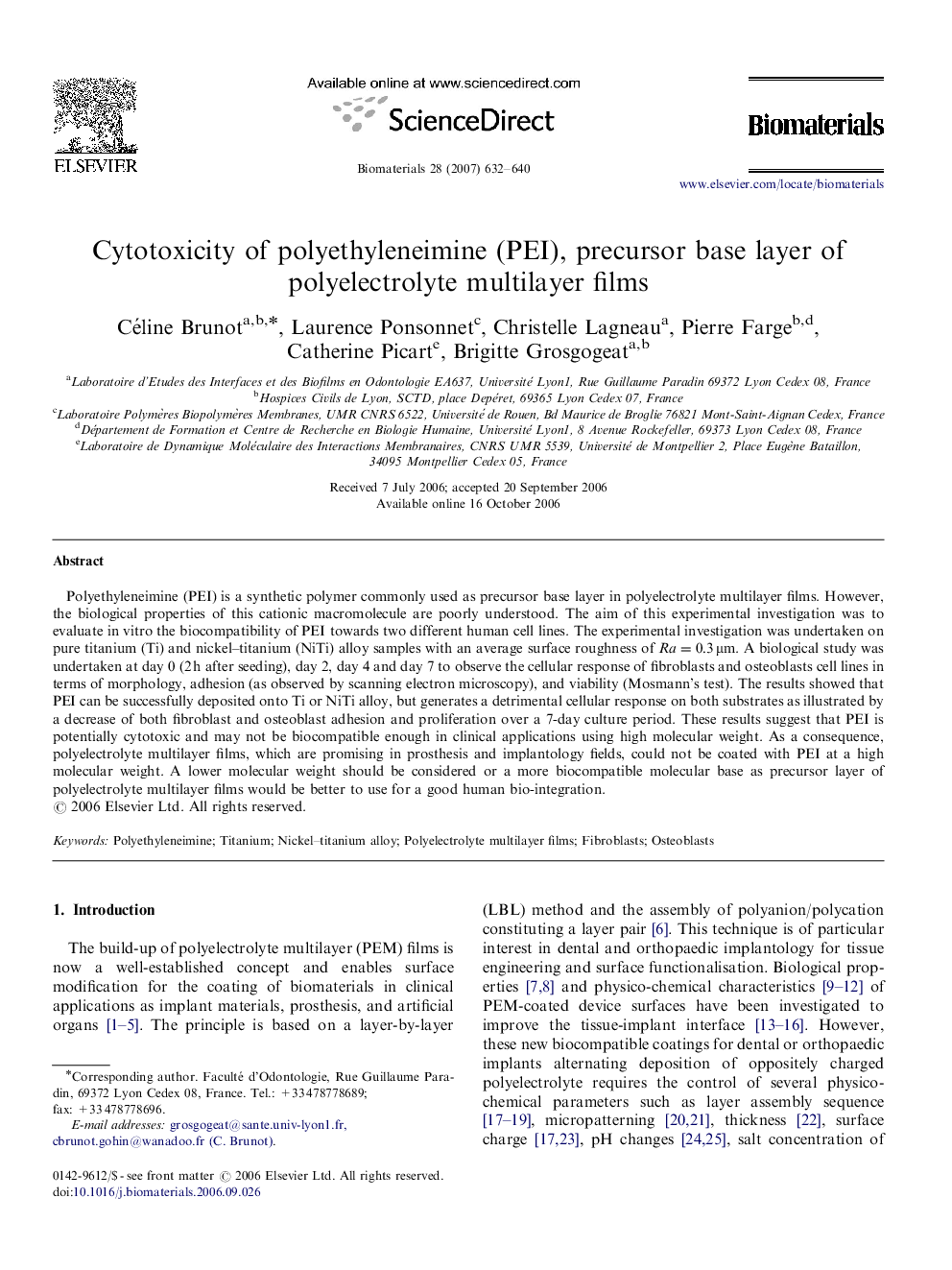 Cytotoxicity of polyethyleneimine (PEI), precursor base layer of polyelectrolyte multilayer films