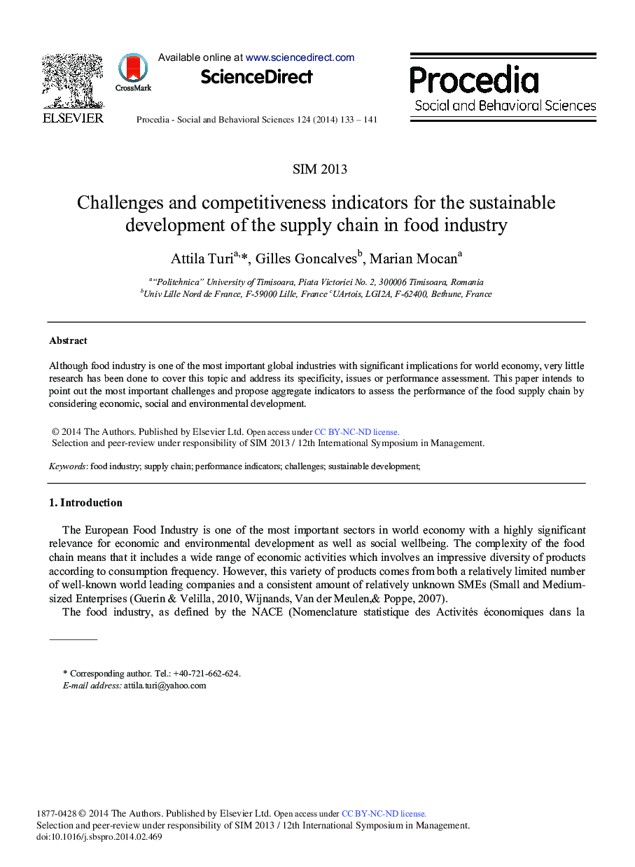 Challenges and Competitiveness Indicators for the Sustainable Development of the Supply Chain in Food Industry 