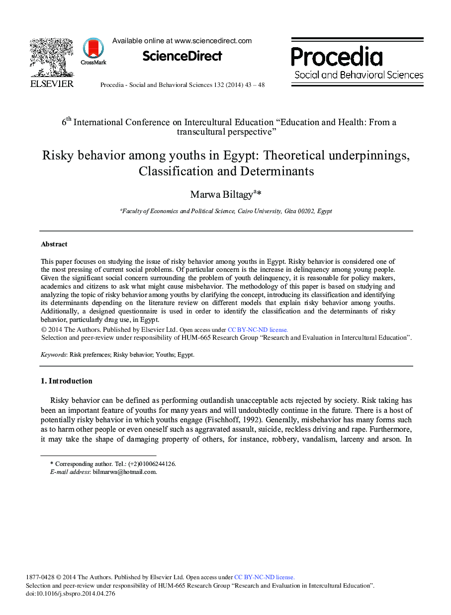 Risky Behavior among Youths in Egypt: Theoretical Underpinnings, Classification and Determinants 