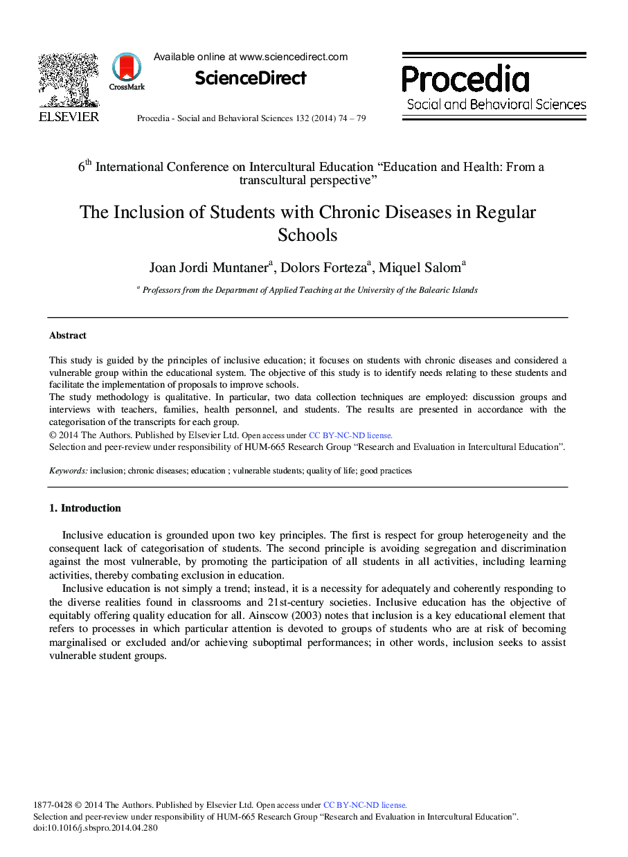 The Inclusion of Students with Chronic Diseases in Regular Schools 