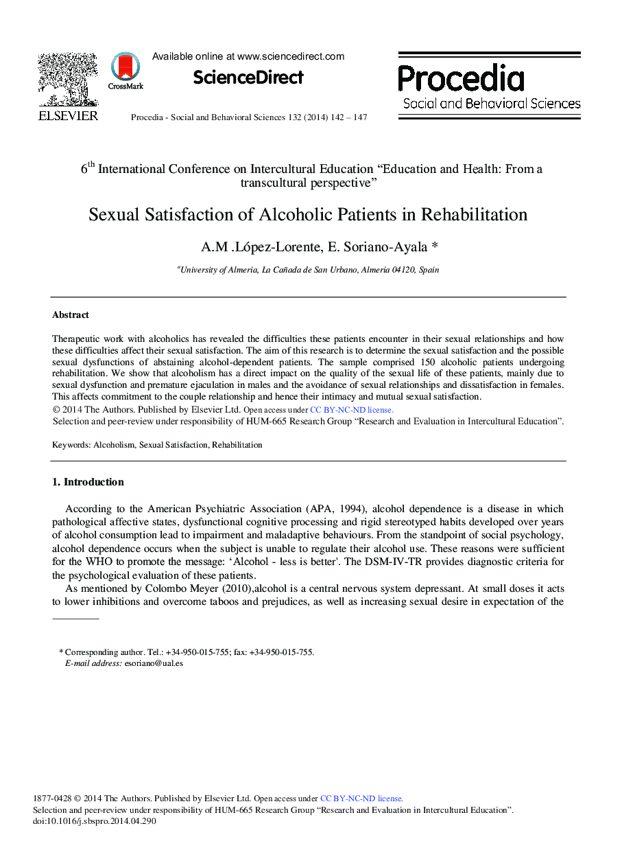 Sexual Satisfaction of Alcoholic Patients in Rehabilitation 