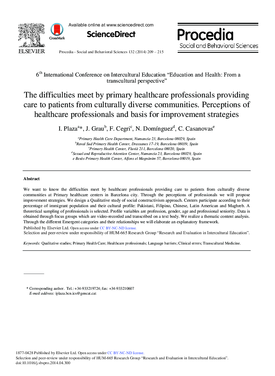 The Difficulties Meet by Primary Healthcare Professionals Providing Care to Patients from Culturally Diverse Communities. Perceptions of Healthcare Professionals and Basis for Improvement Strategies 