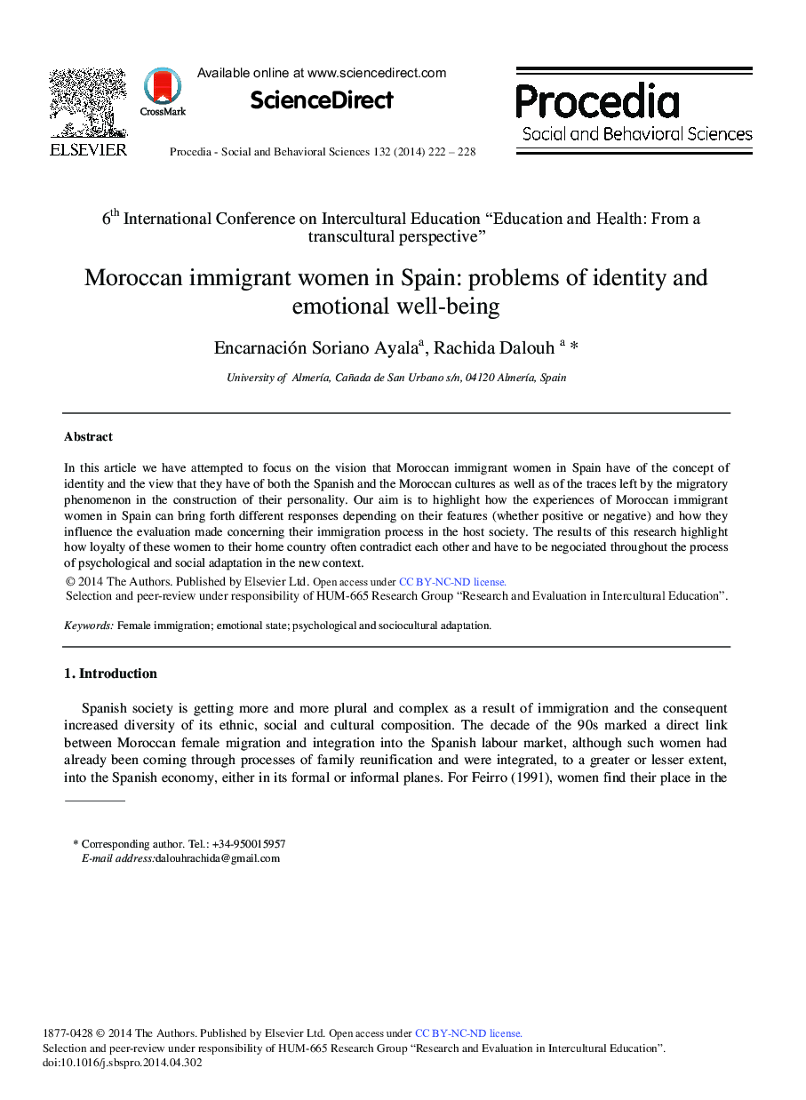 Moroccan Immigrant Women in Spain: Problems of Identity and Emotional Well-being 