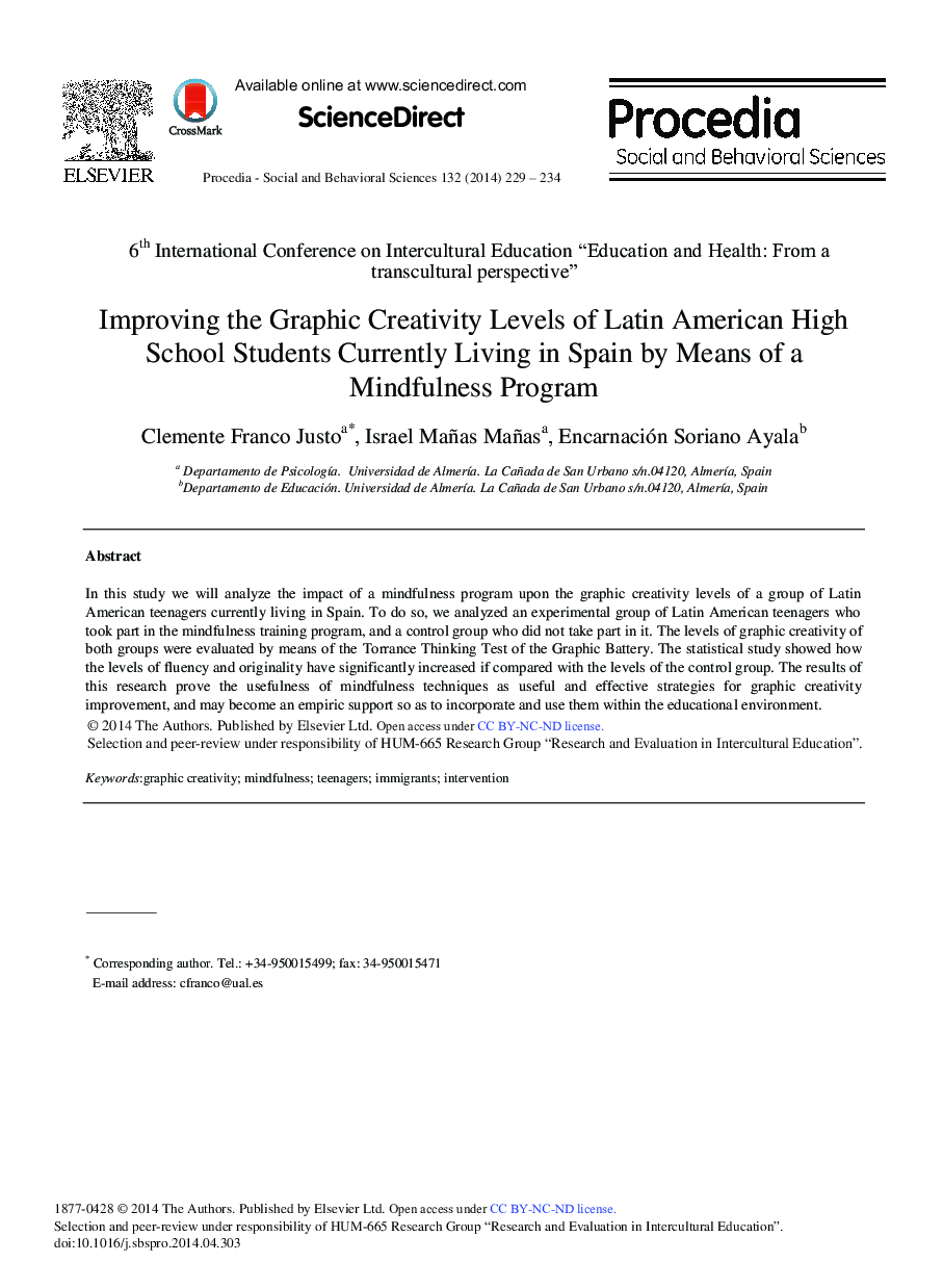 Improving the Graphic Creativity Levels of Latin American High School Students Currently Living in Spain by Means of a Mindfulness Program 