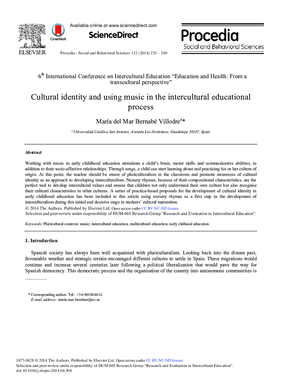 Cultural Identity and Using Music in the Intercultural Educational Process 