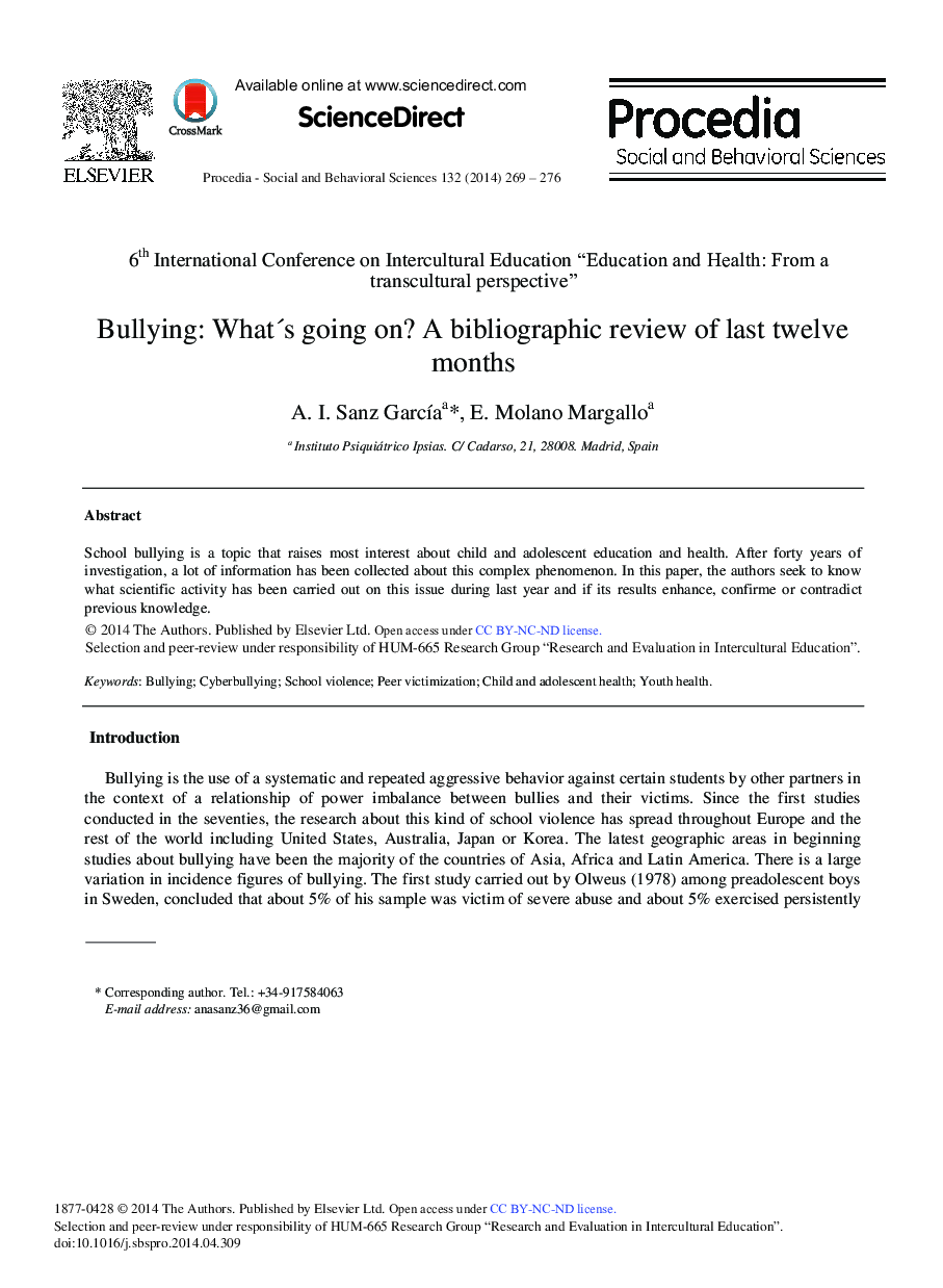 Bullying: What's Going on? A Bibliographic Review of Last Twelve Months 