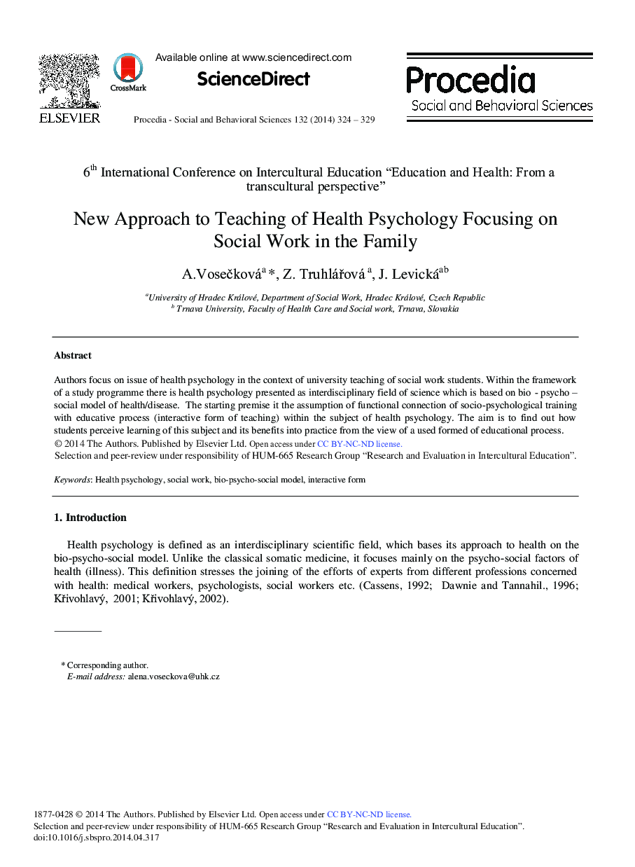 New Approach to Teaching of Health Psychology Focusing on Social Work in the Family