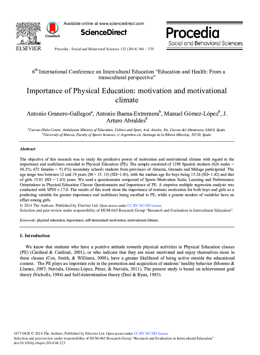 Importance of Physical Education: Motivation and Motivational Climate 