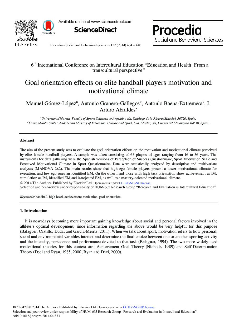 Goal Orientation Effects on Elite Handball Players Motivation and Motivational Climate 