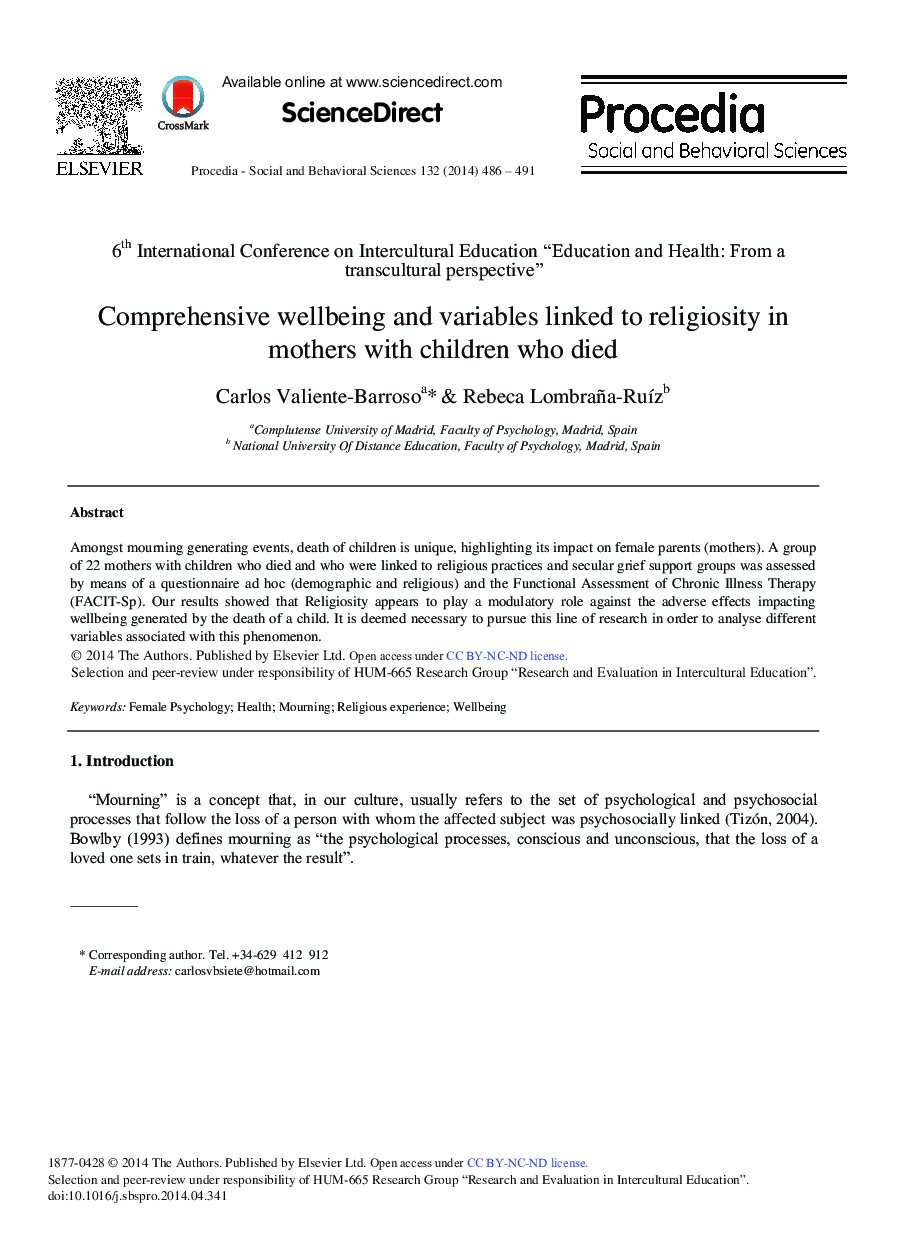 Comprehensive Wellbeing and Variables Linked to Religiosity in Mothers with Children Who Died 