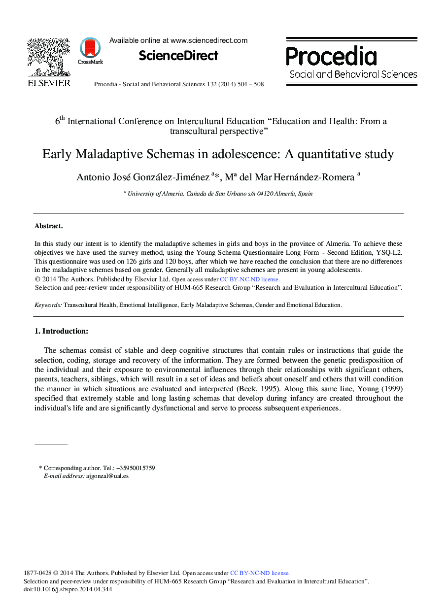 Early Maladaptive Schemas in Adolescence: A Quantitative Study 