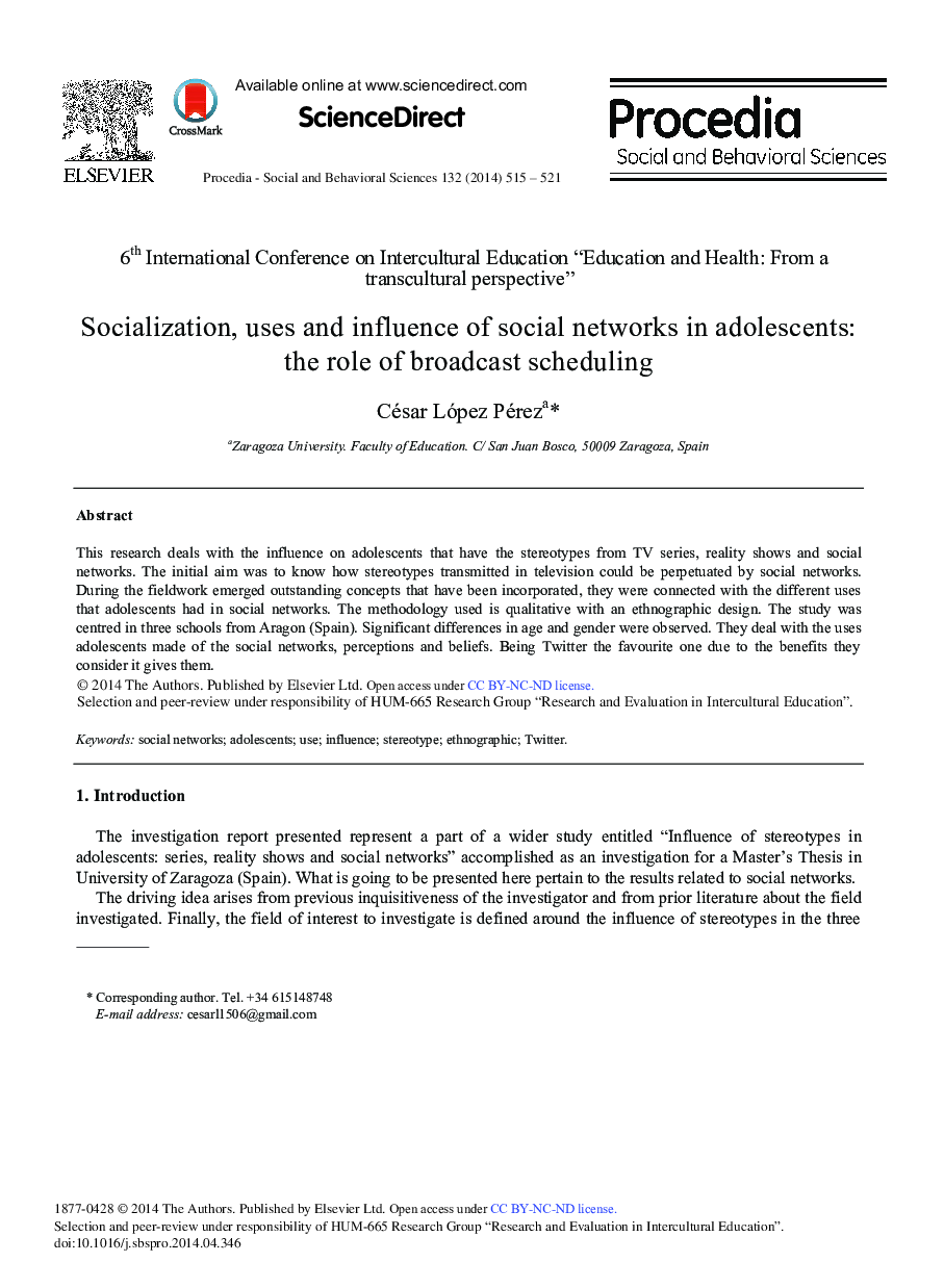 Socialization, Uses and Influence of Social Networks in Adolescents: The Role of Broadcast Scheduling 