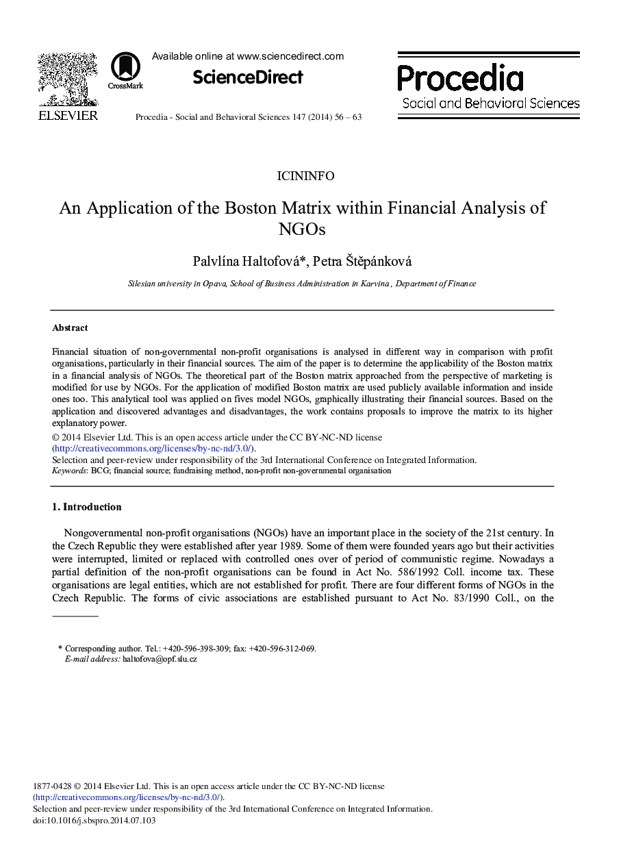 An Application of the Boston Matrix within Financial Analysis of NGOs 