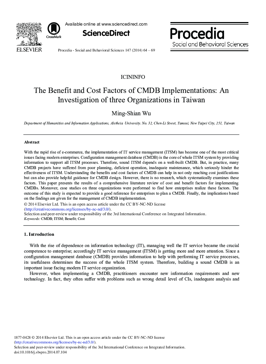 The Benefit and Cost Factors of CMDB Implementations: An Investigation of three Organizations in Taiwan 