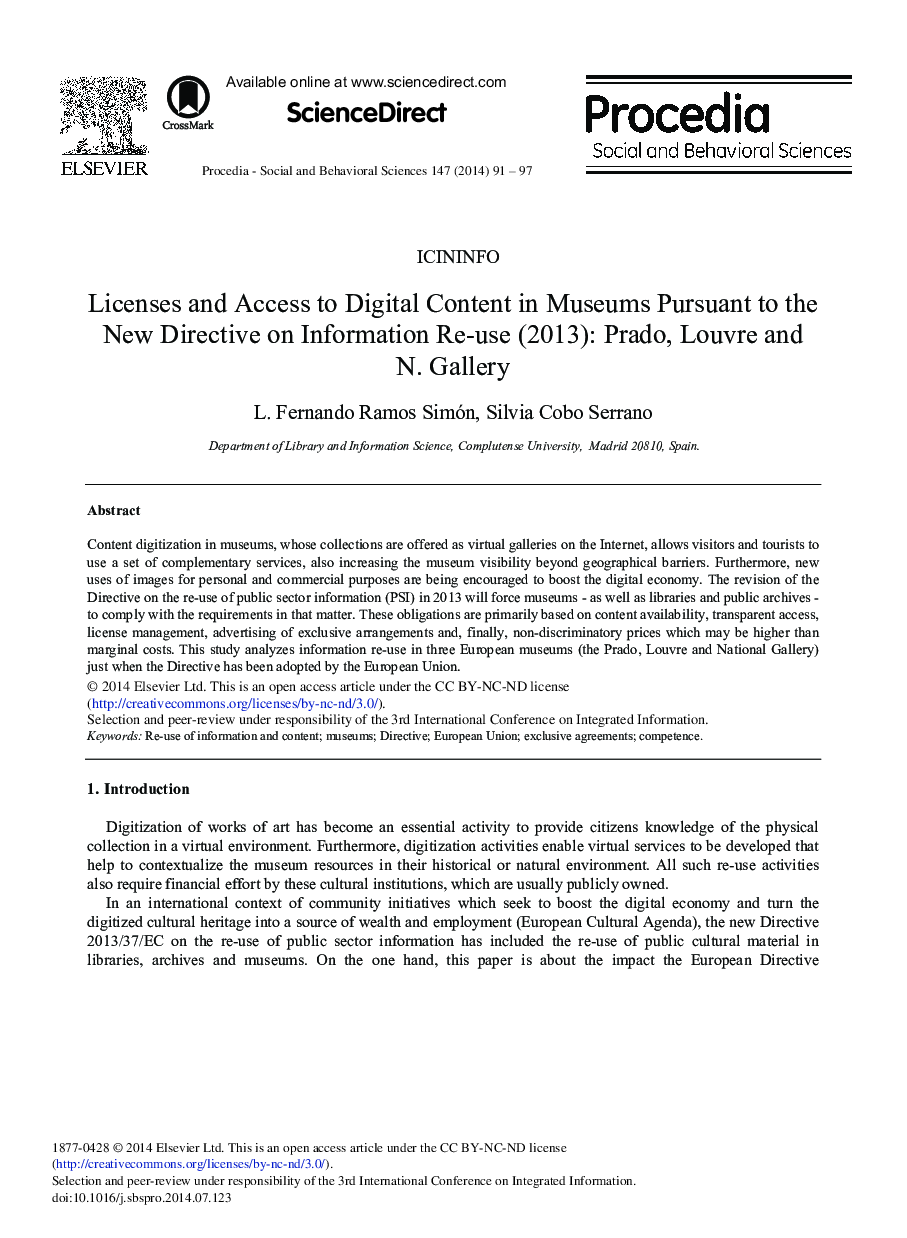 Licenses and Access to Digital Content in Museums Pursuant to the New Directive on Information Re-use (2013): Prado, Louvre and N. Gallery 