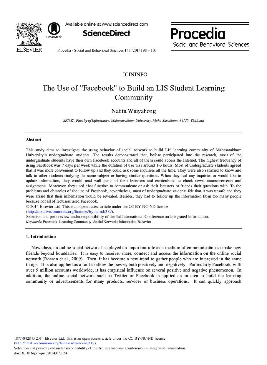 The Use of “Facebook” to Build an LIS Student Learning Community 