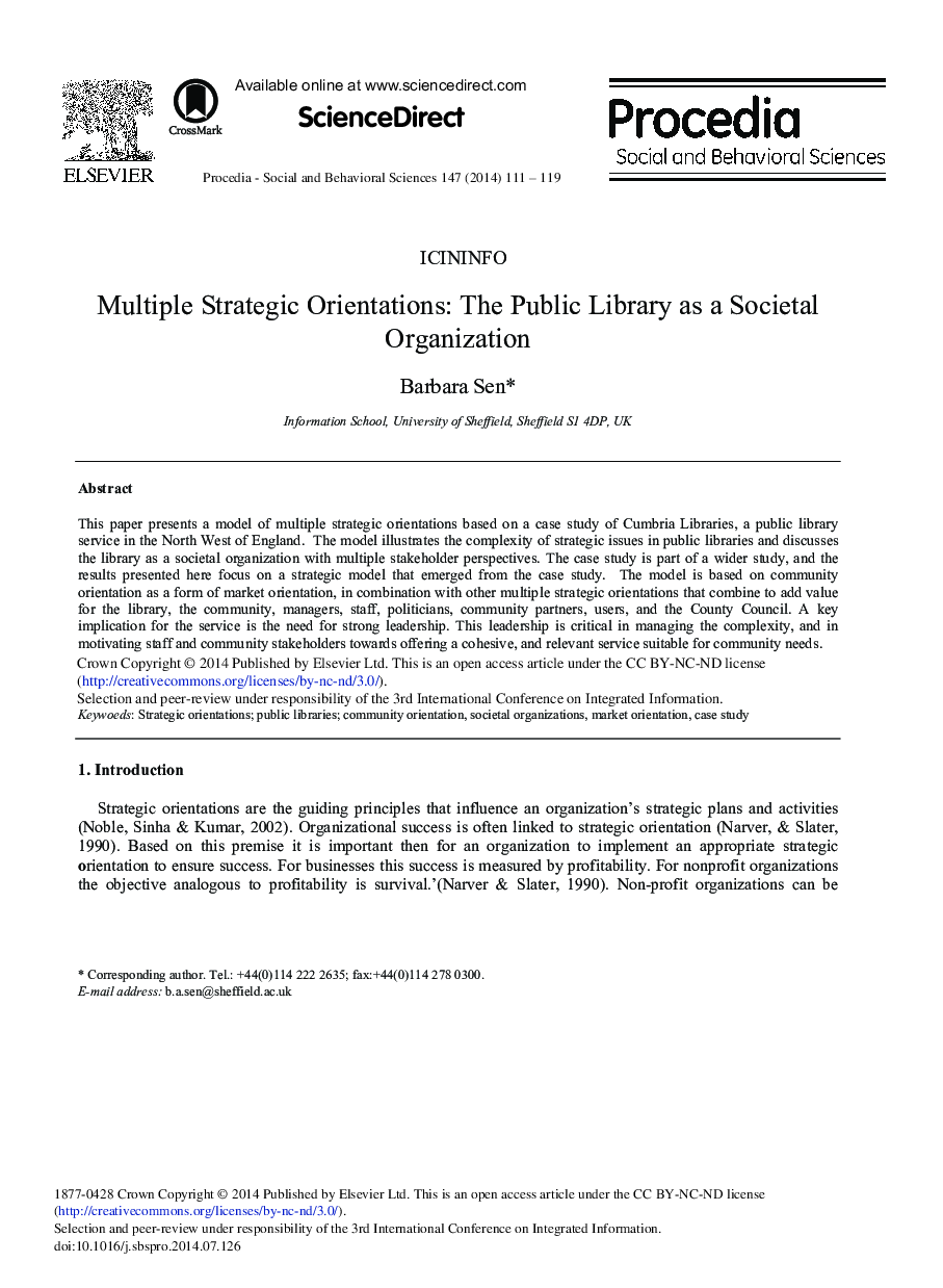 Multiple Strategic Orientations: The Public Library as a Societal Organization 