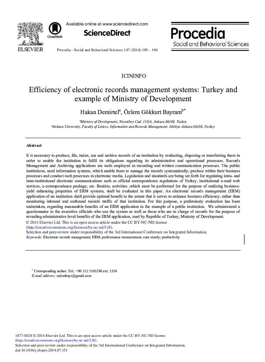 Efficiency of Electronic Records Management Systems: Turkey and Example of Ministry of Development 
