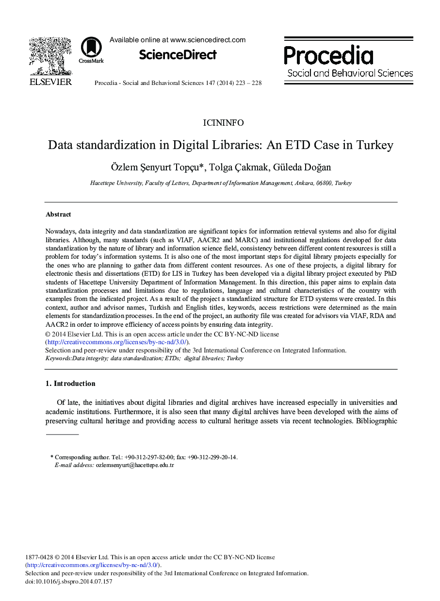 Data Standardization in Digital Libraries: An ETD Case in Turkey 