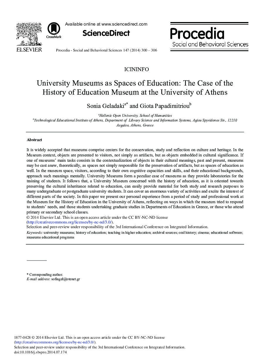 University Museums as Spaces of Education: The Case of the History of Education Museum at the University of Athens 