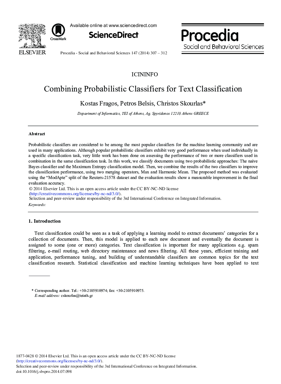 Combining Probabilistic Classifiers for Text Classification 